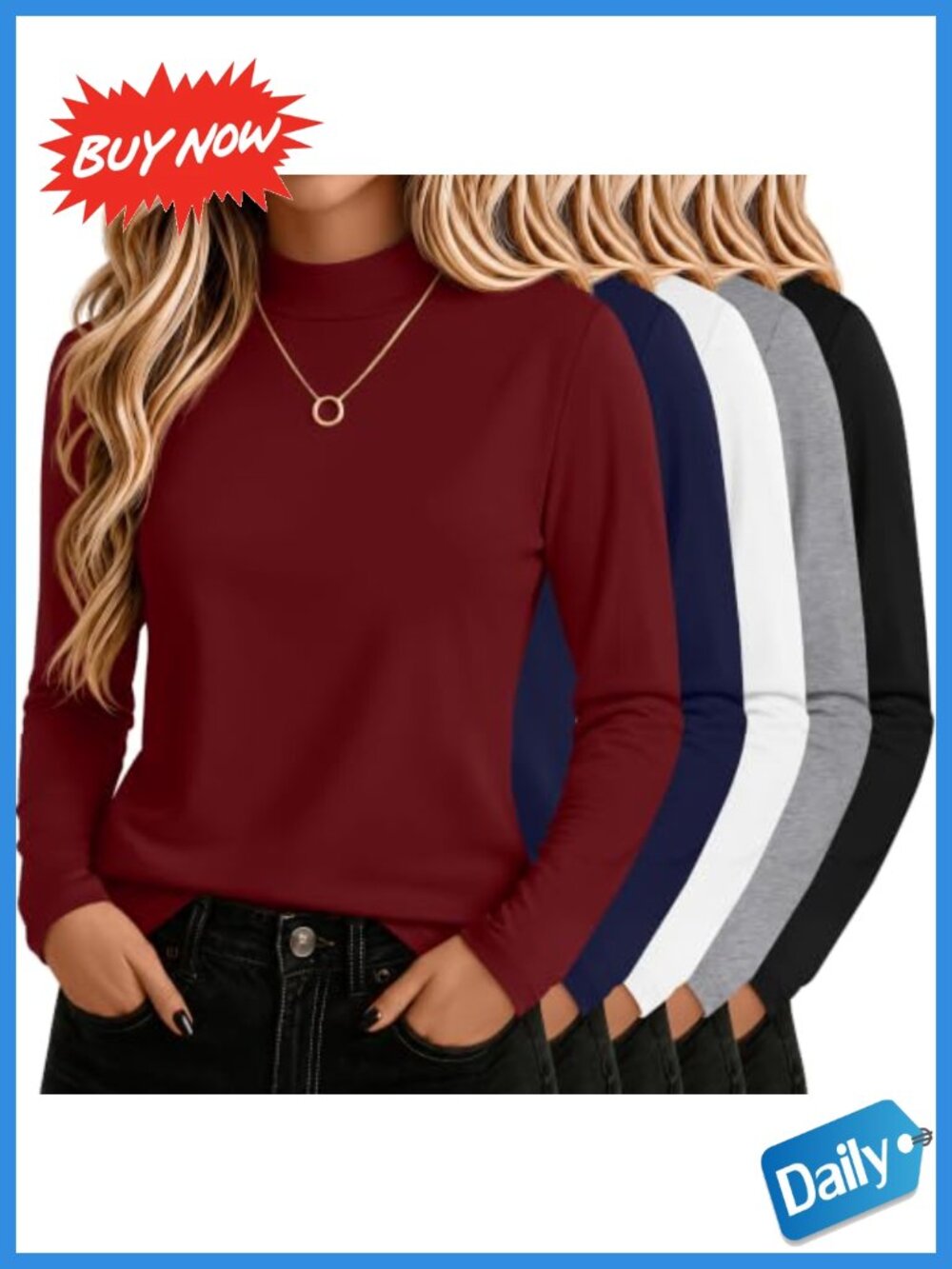 Mock Turtleneck Long Sleeve Cotton T-Shirts 5 Pack Women Slim Fit Basic Tees